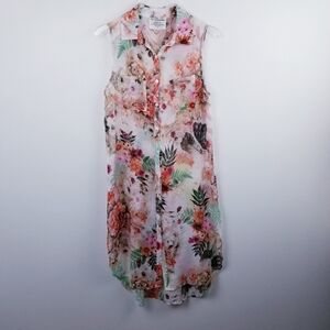 BUILT BY DREAMERS  Semi-Sheer Floral Longline Sleeveless Button Front Top size M
